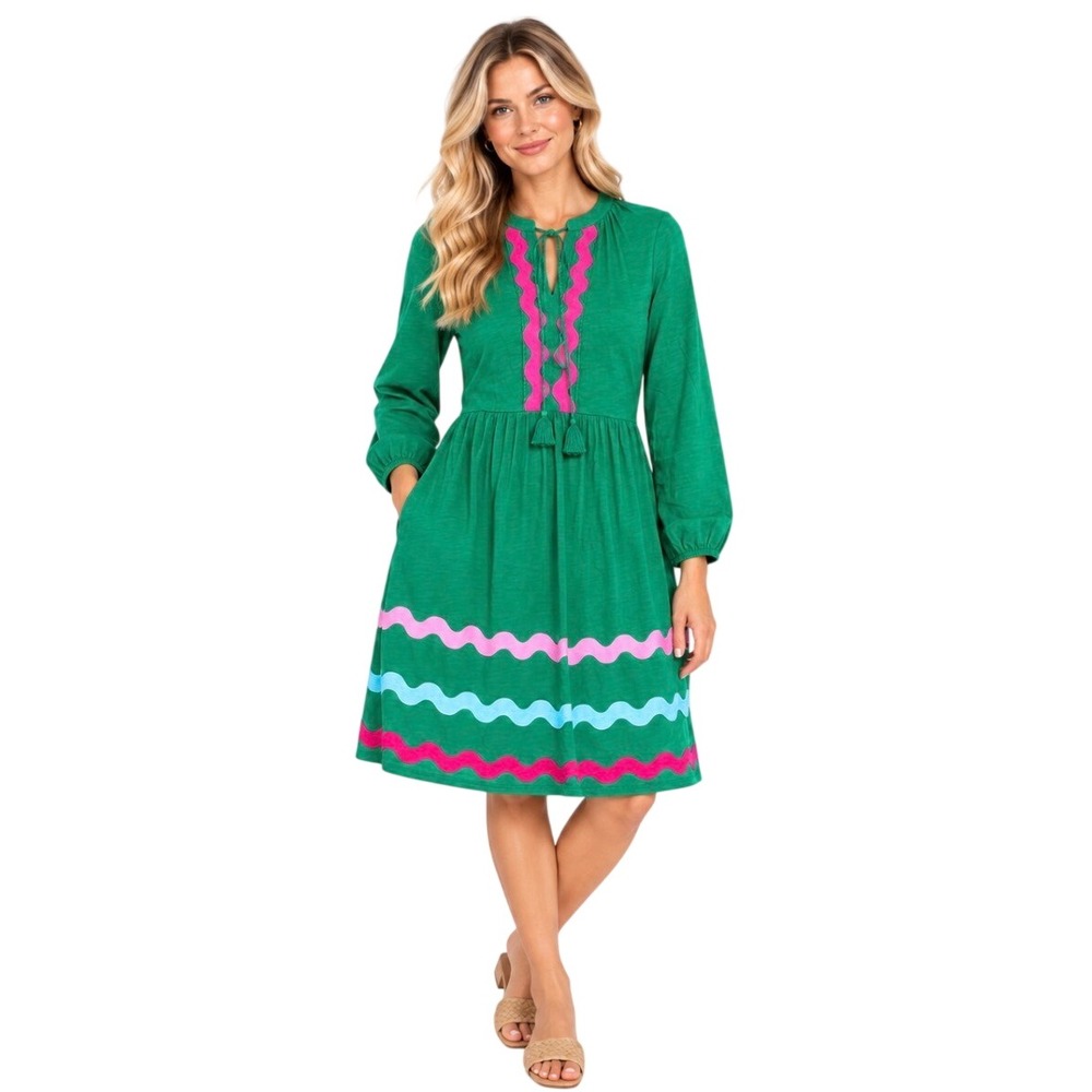 NWT Boden Green Ric Rac Embroidered Long Sleeve Jersey Dress Size 6 Long